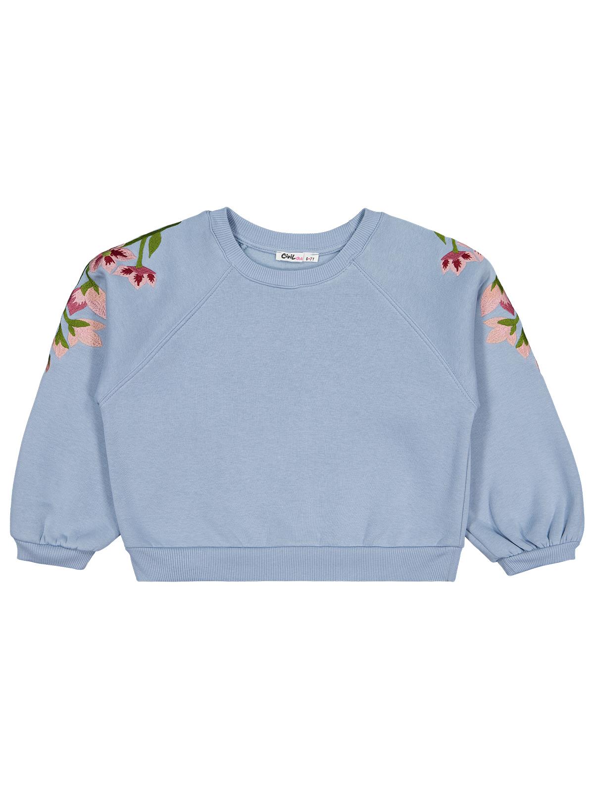 Civil Kız Çocuk Omuzu Çiçek Nakışlı Sweatshirt | 3 İp Uzun Kol | Okul Kreş ve Günlük Kullanım - Mavi