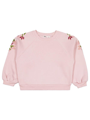 Civil Kız Çocuk Omuzu Çiçek Nakışlı Sweatshirt | 3 İp Uzun Kol | Okul Kreş ve Günlük Kullanım - Pembe