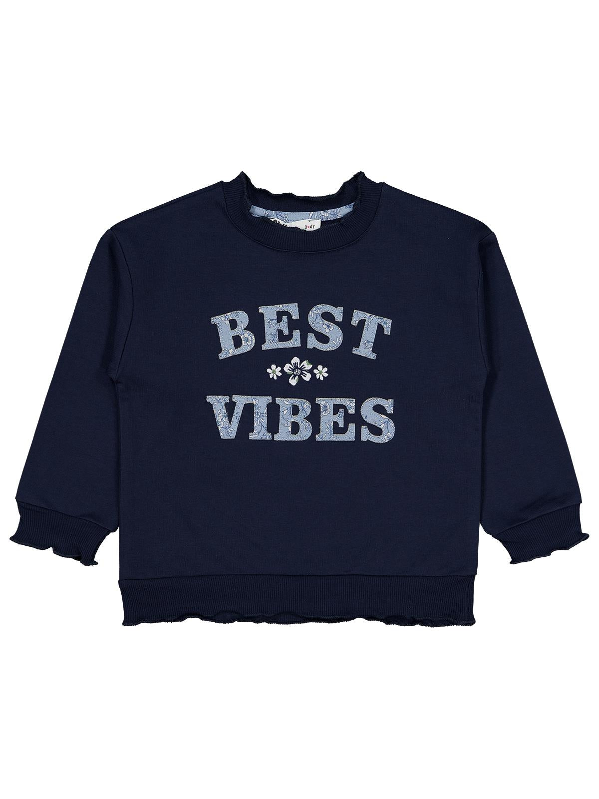 Civil Kız Çocuk Best Vibes Nakışlı Sweatshirt | 2 İp Uzun Kol | Okul Kreş ve Günlük Kullanım - Lacivert