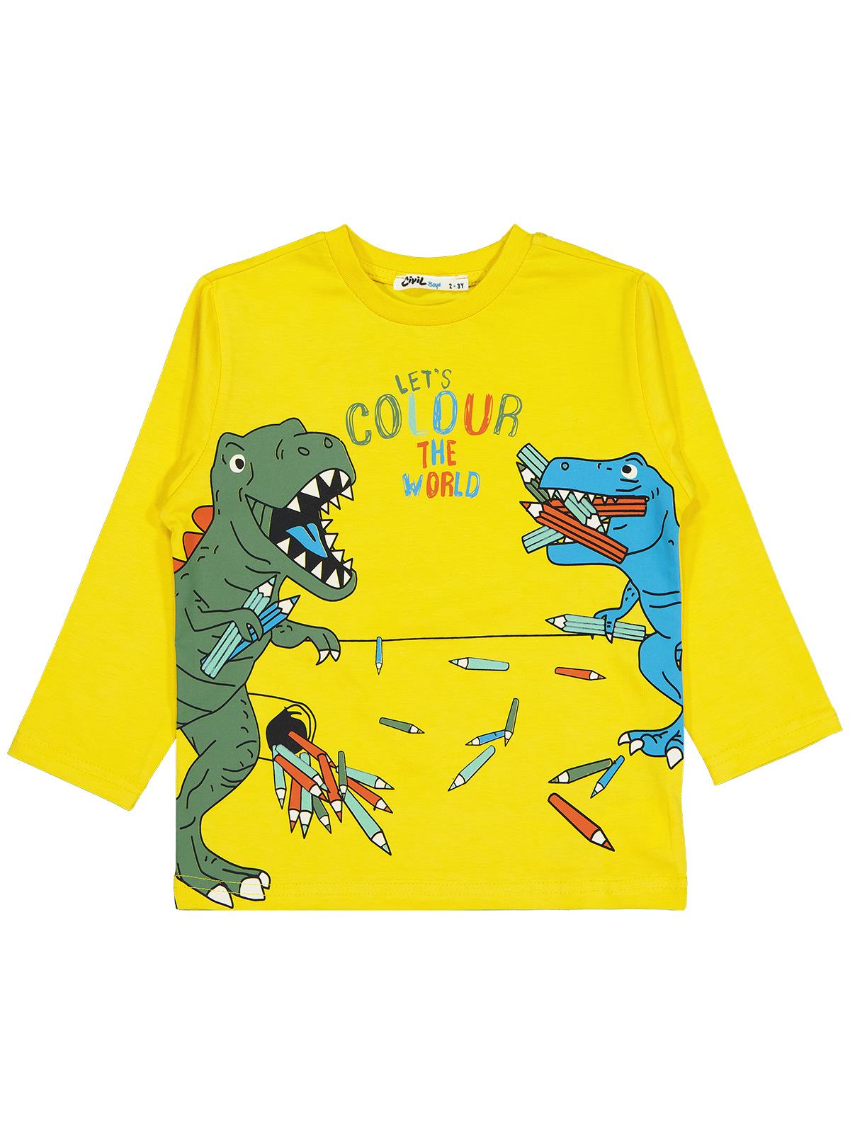 Civil Erkek Çocuk Colour Dinazor Baskılı Sweatshirt | Süprem Uzun Kol | Okul Kreş ve Günlük Kullanım - Sarı