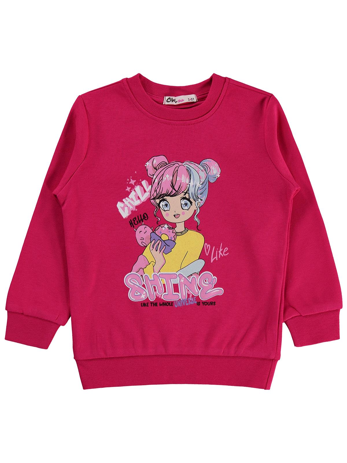 Civil Kız Çocuk Anime Baskılı Sweatshirt | İnterlok Uzun Kol | Okul Kreş ve Günlük Kullanım - Fusya