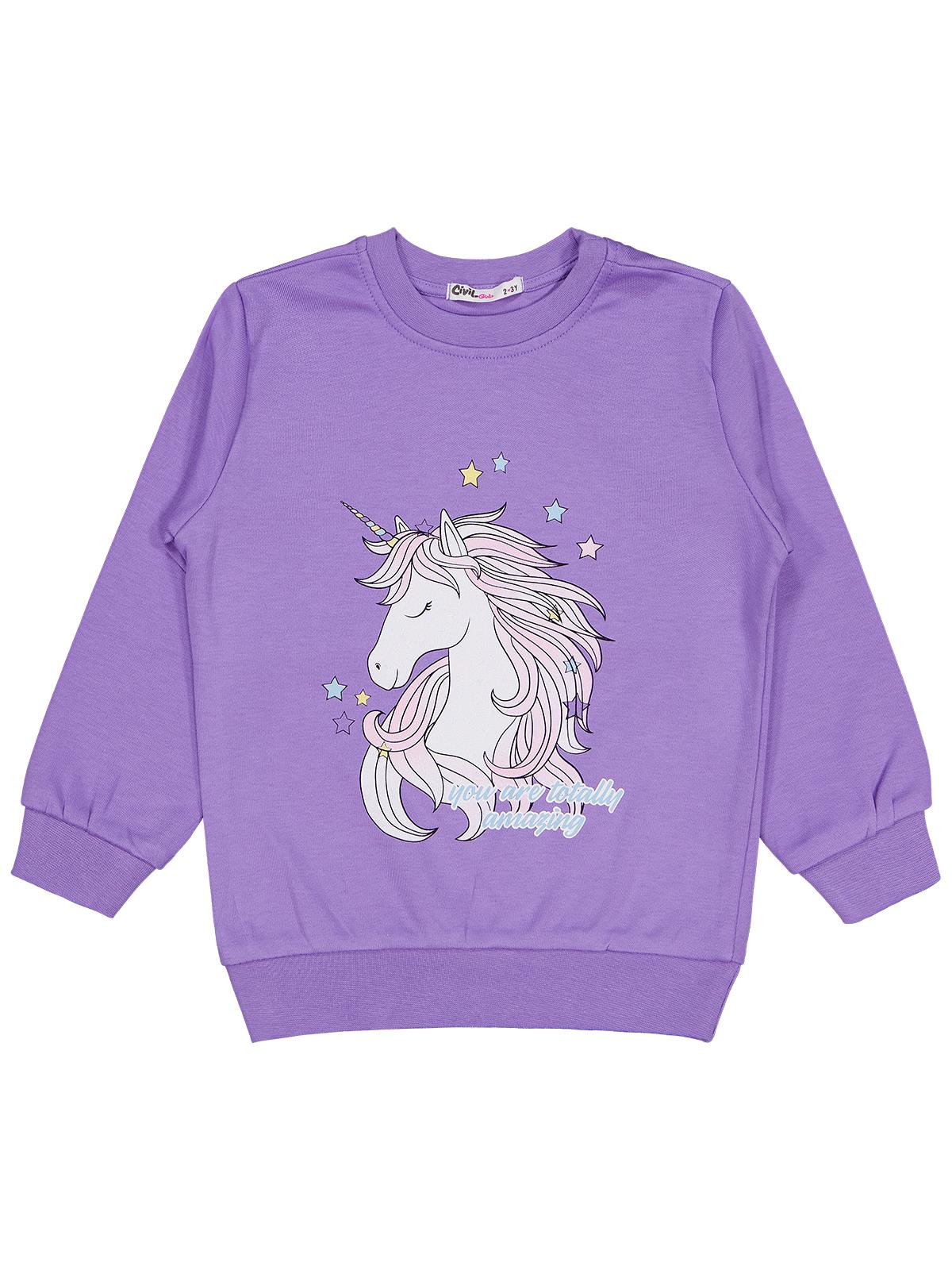 Civil Kız Çocuk Unicorn Baskılı Sweatshirt | İnterlok Uzun Kol | Okul Kreş ve Günlük Kullanım - Lila