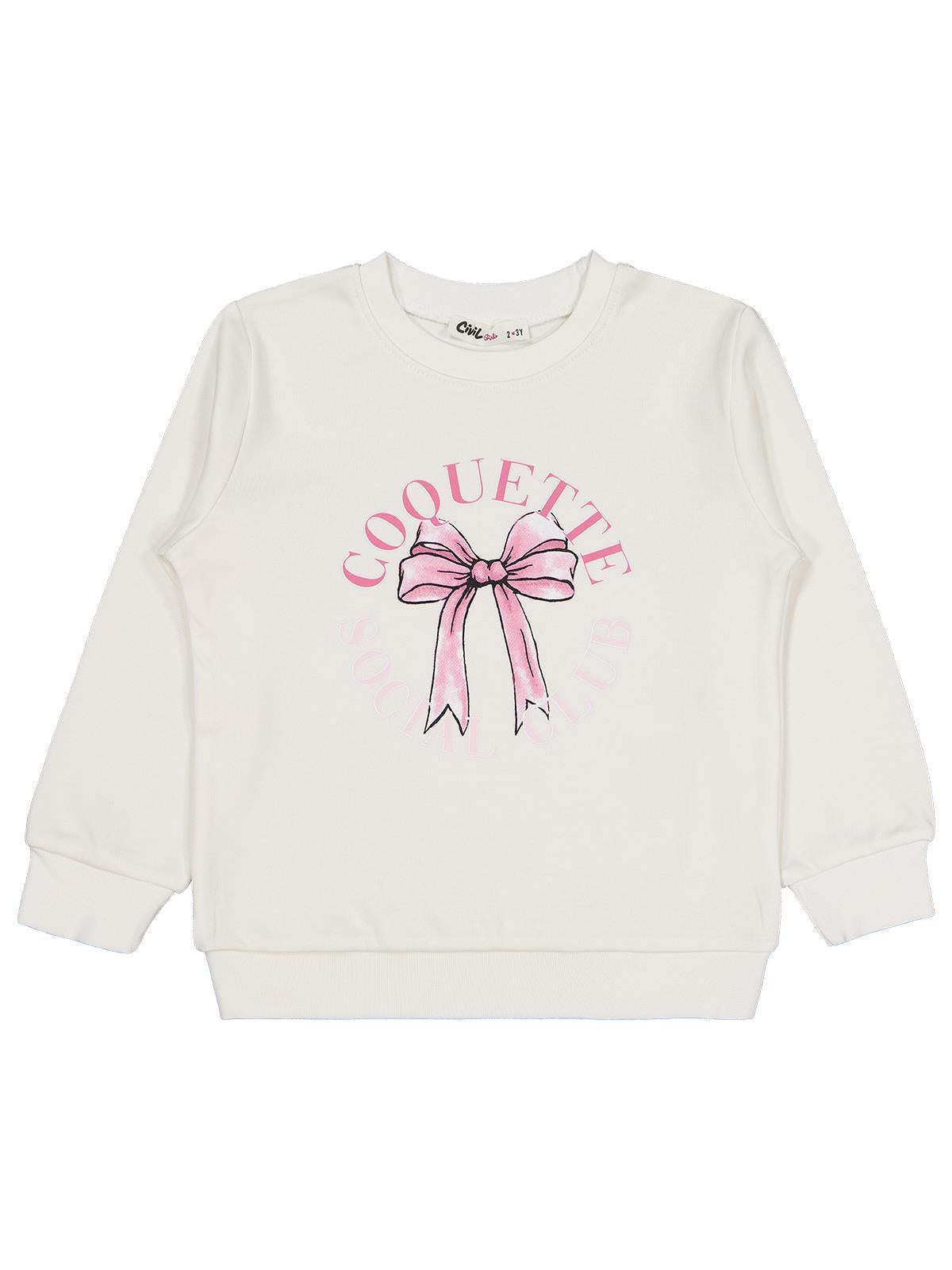 Civil Kız Çocuk Kurdela Baskılı Sweatshirt | İnterlok Uzun Kol | Okul Kreş ve Günlük Kullanım - Ekru