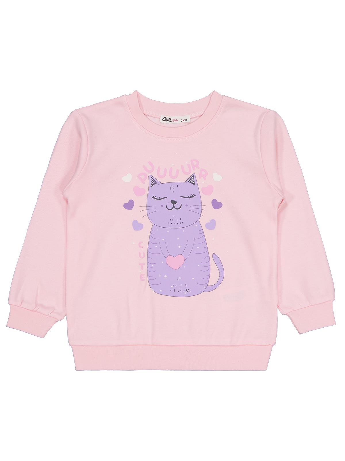 Civil Kız Çocuk Kedi Baskılı Sweatshirt | İnterlok Uzun Kol | Okul Kreş ve Günlük Kullanım - Pembe