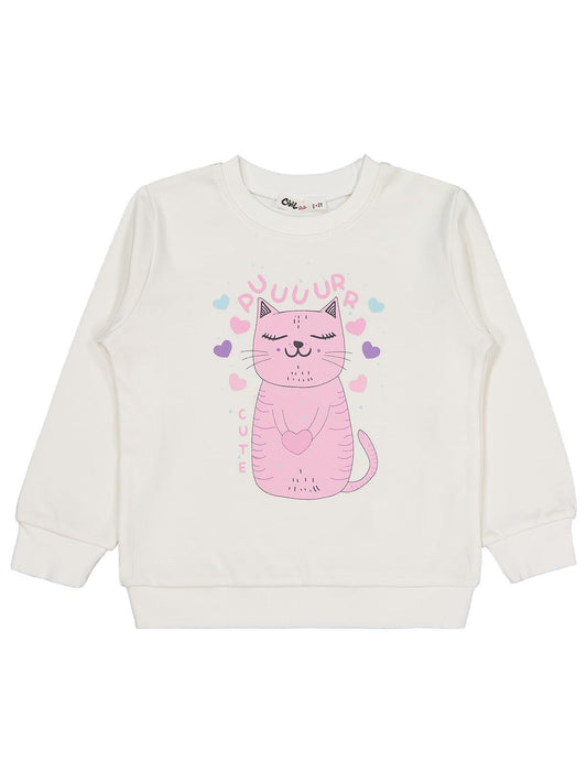 Civil Kız Çocuk Kedi Baskılı Sweatshirt | İnterlok Uzun Kol | Okul Kreş ve Günlük Kullanım - Ekru