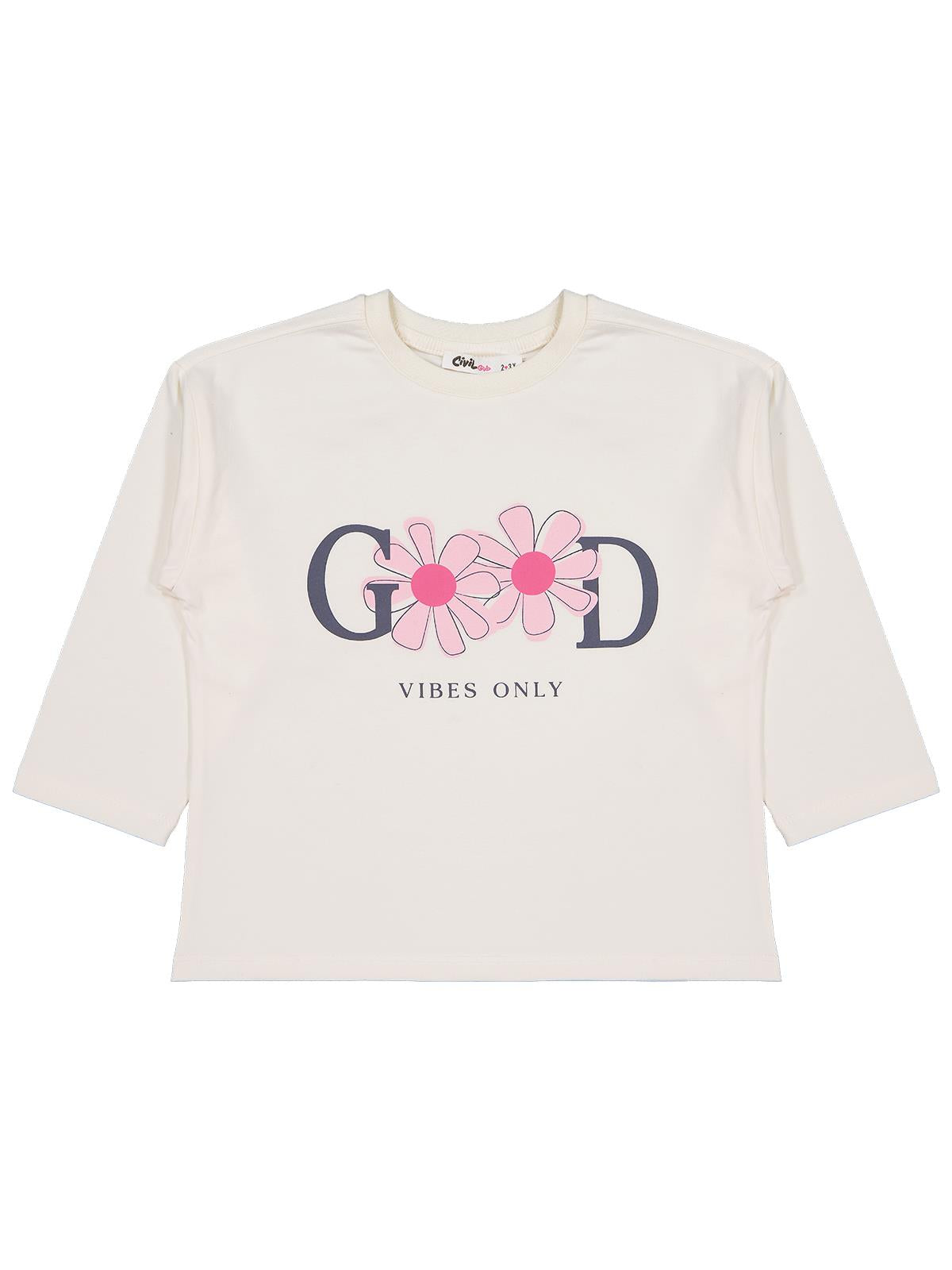 Civil Kız Çocuk Good Baskılı Sweatshirt | Likralı Süprem Şardonlu | Okul Kreş ve Günlük Kullanım - Ekru
