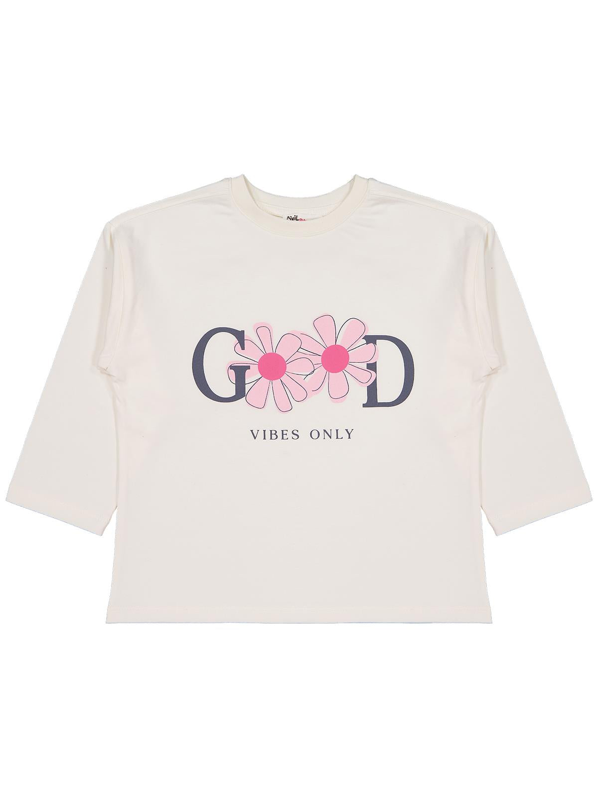 Civil Kız Çocuk Good Baskılı Sweatshirt | Likralı Süprem Şardonlu | Okul Kreş ve Günlük Kullanım - Ekru