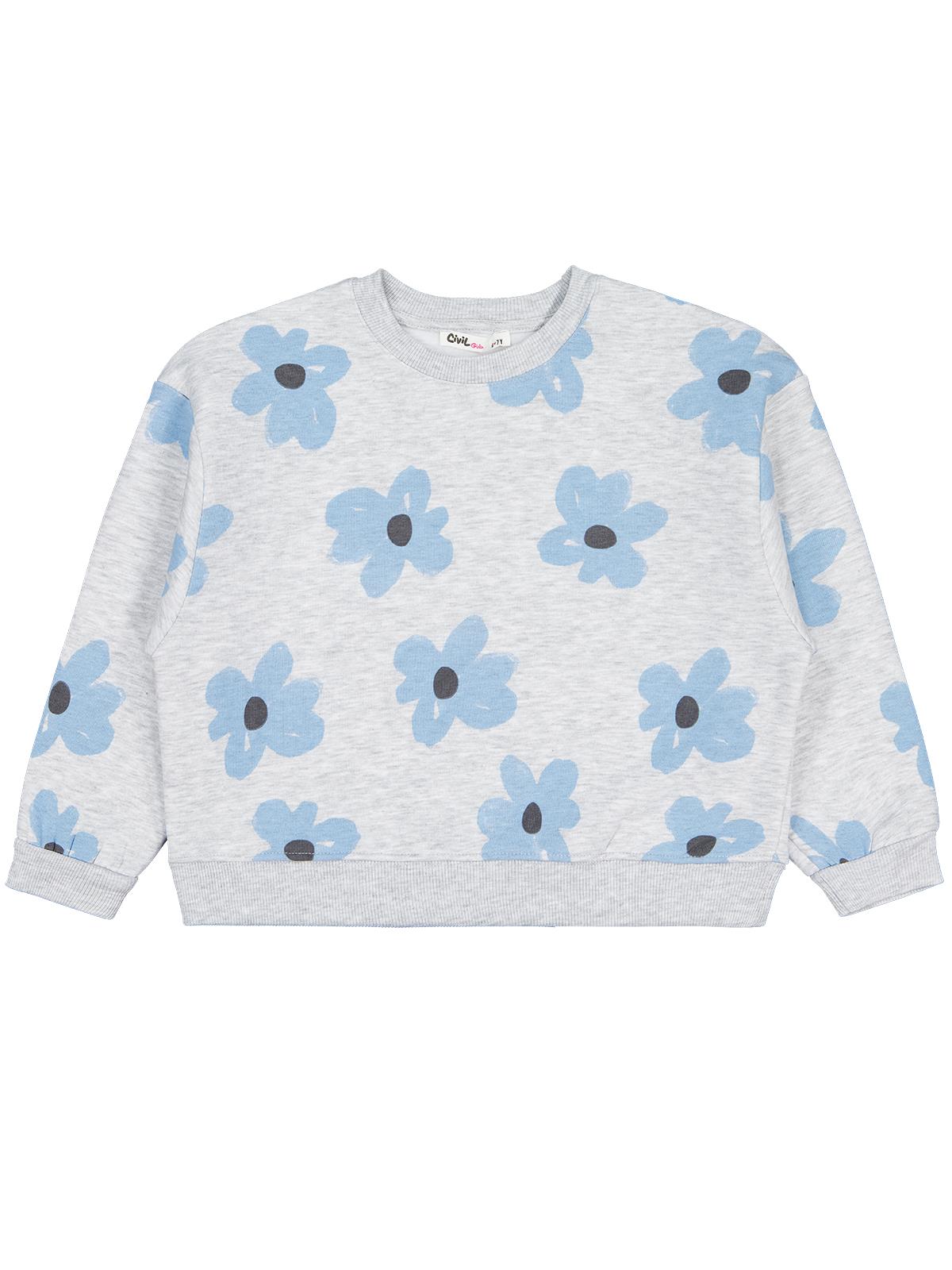 Civil Girls Kız Çocuk Çiçek Baskılı Sweatshirt | 3 İp Uzun Kol | Okul Kreş ve Günlük Kullanım - Gri