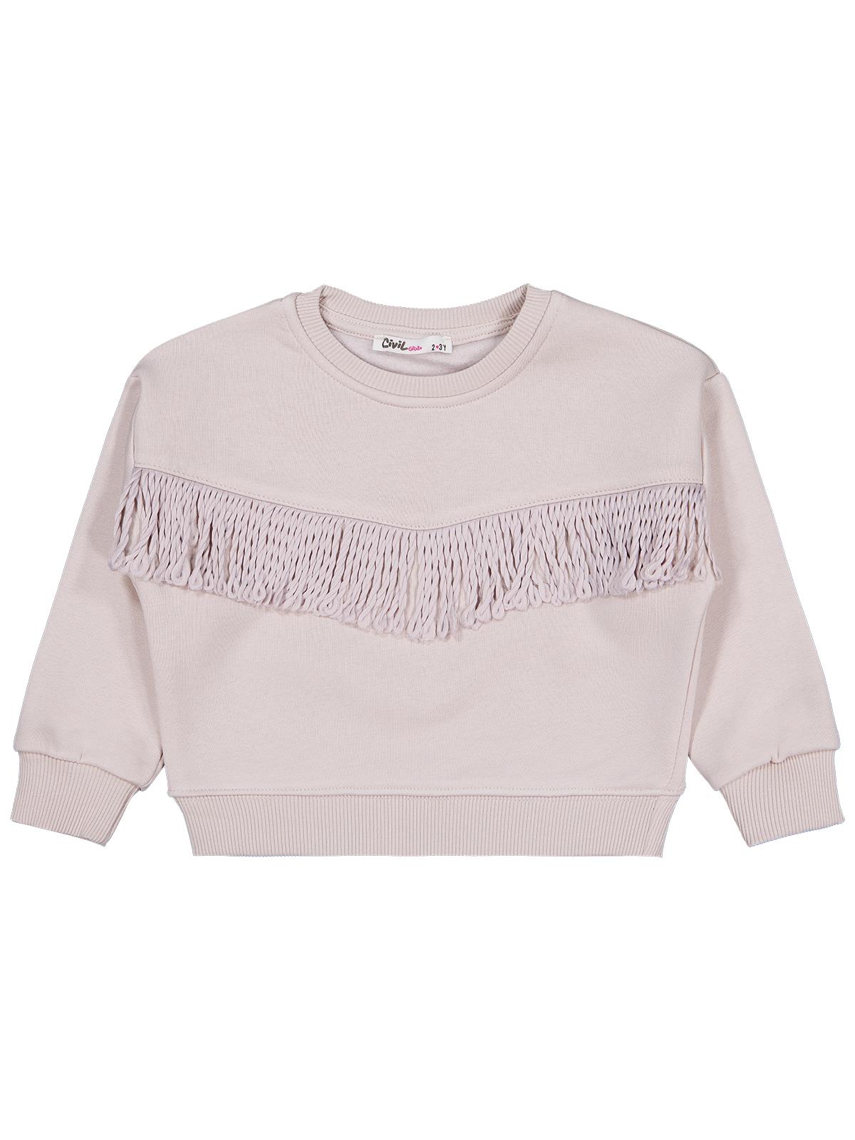 Civil Kız Çocuk Püsküllü Sweatshirt | 3 İp Uzun Kol Bisiklet Yaka | Okul Kreş ve Günlük Kullanım - Bej