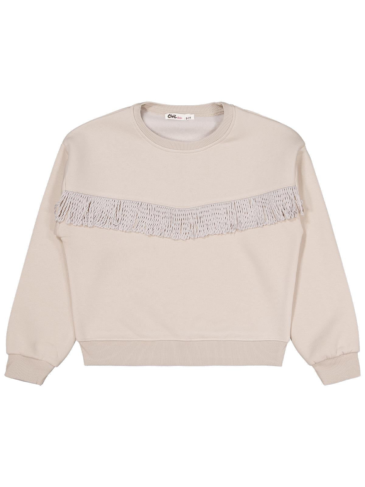 Civil Kız Çocuk Püsküllü Sweatshirt | 3 İp Uzun Kol Bisiklet Yaka | Okul Kreş ve Günlük Kullanım - Bej