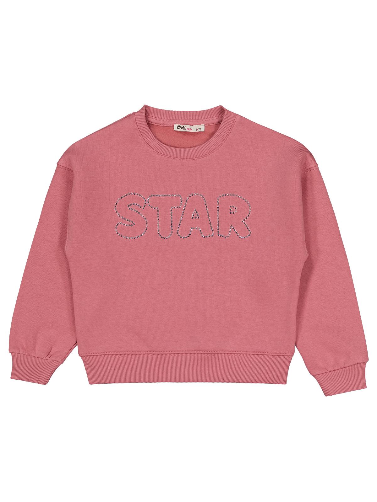 Civil Kız Çocuk STAR Baskılı Sweatshirt | 3 İp Uzun Kol Bisiklet Yaka | Okul Kreş ve Günlük Kullanım - Pembe