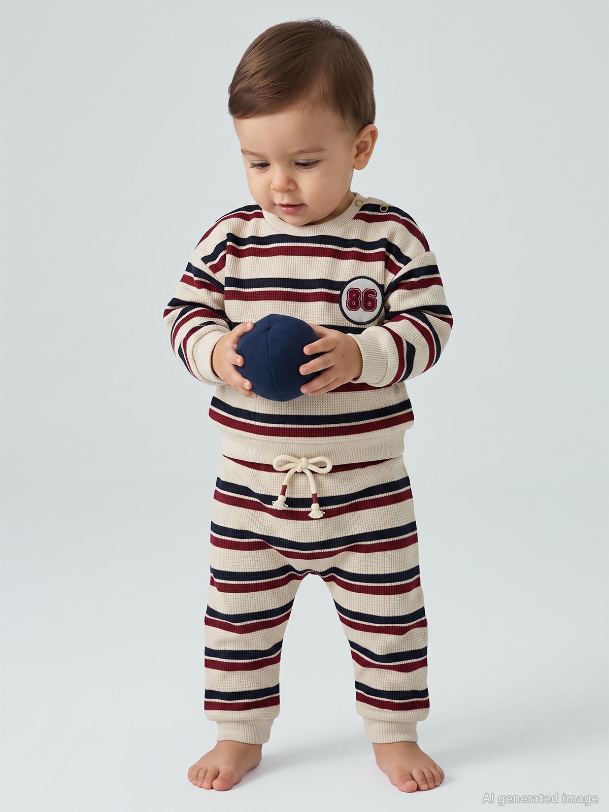 Civil Baby Çizgili Nakışlı 6-18 Ay Takım - Bej