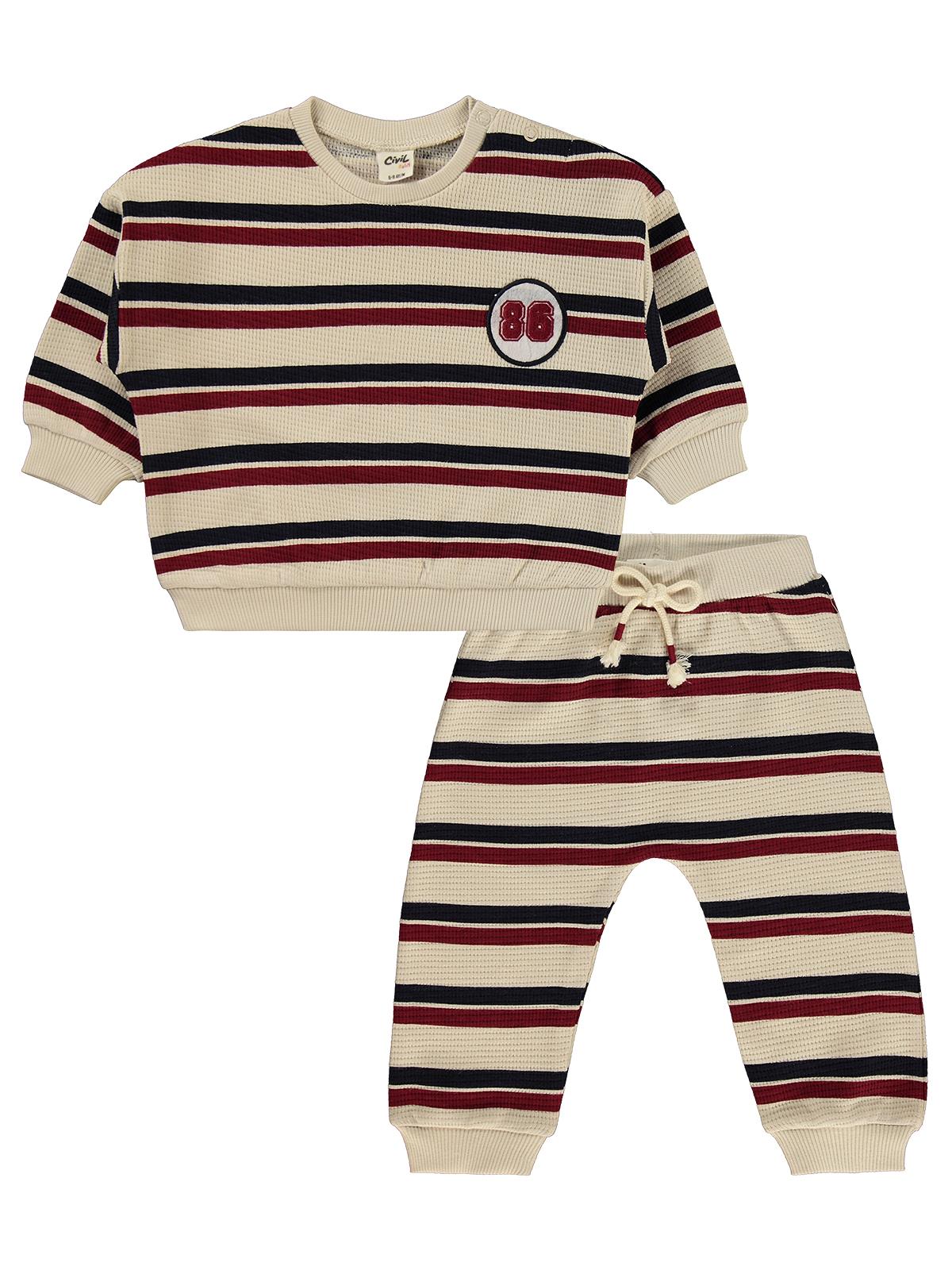 Civil Baby Çizgili Nakışlı 6-18 Ay Takım - Bej