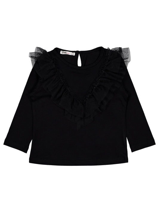 Civil Girls Kız Çocuk Tül Fırfırlı Sweatshirt | Süprem Uzun Kol | Okul Kreş ve Günlük Kullanım - Siyah