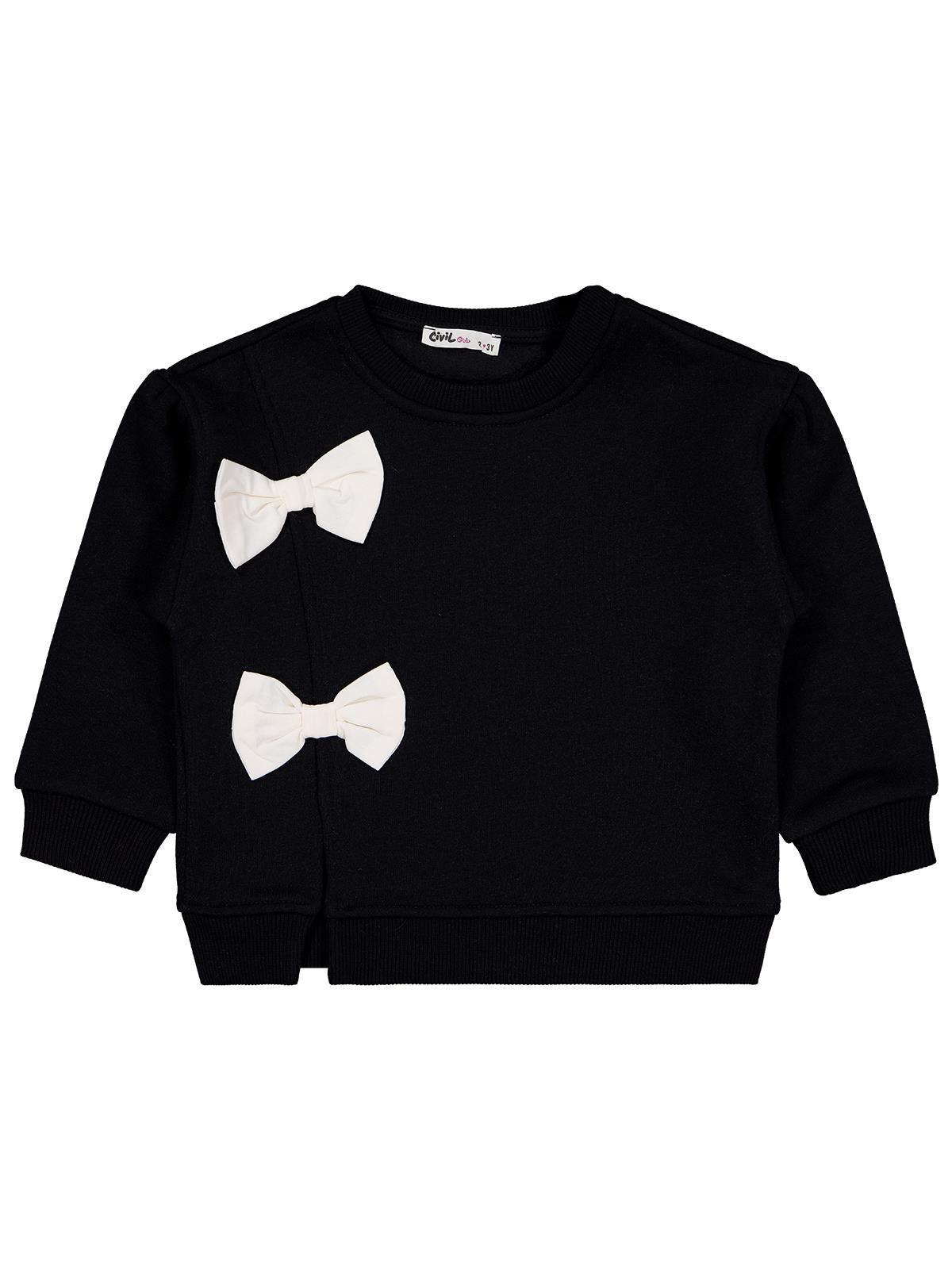 Civil Kız Çocuk Fiyaonklu Sweatshirt | 3 İp Uzun Kol Bisiklet Yaka | Okul Kreş ve Günlük Kullanım - Siyah