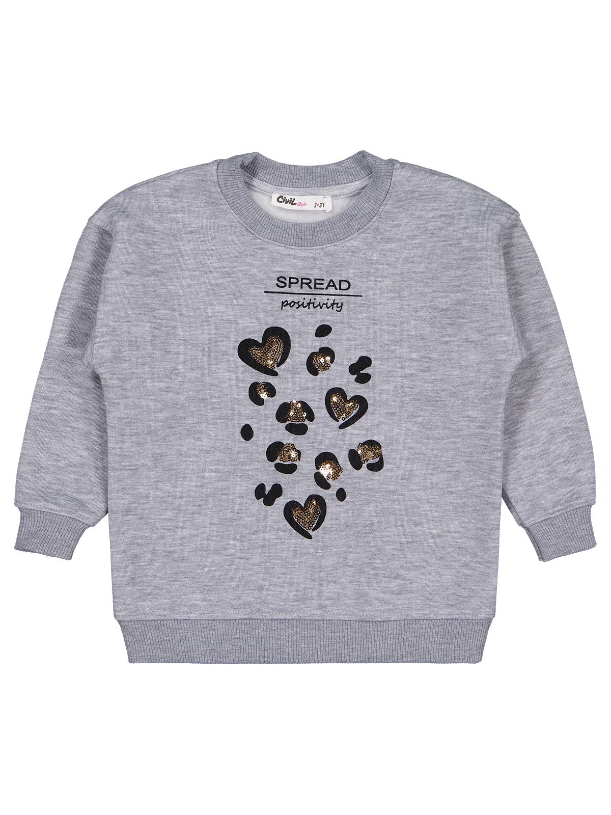 Civil Kız Çocuk Leopar Baskılı Sweatshirt | 3 İp Uzun Kol | Okul Kreş ve Günlük Kullanım - Gri