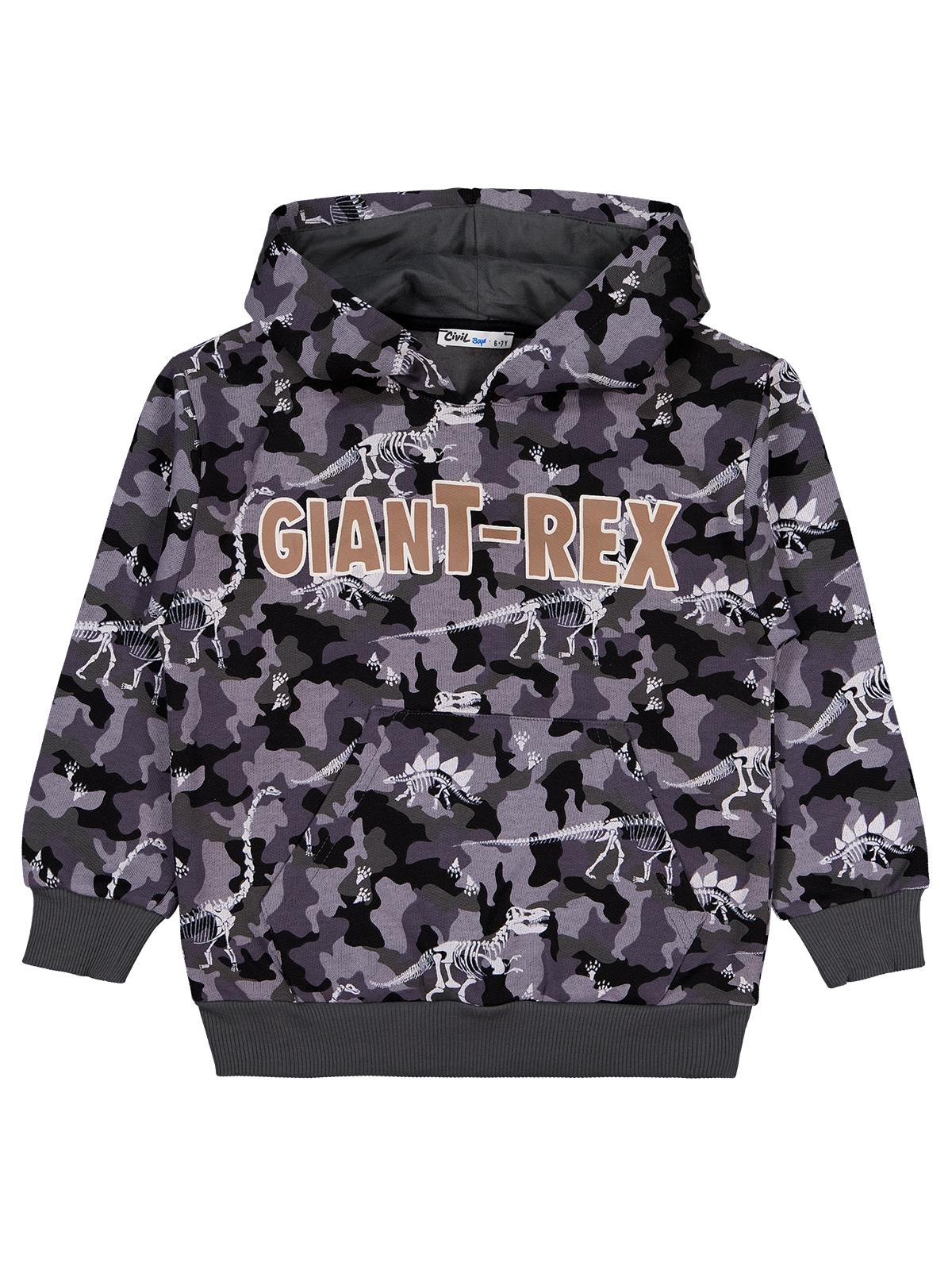 Civil Erkek Çocuk Giant Rex Baskılı Kapşonlu Sweatshirt | Okul Kreş ve Günlük Kullanım - Gri