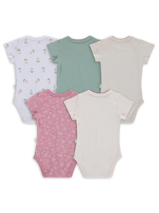 Civil Baby 5 li Çiçek Empirmeli Kısa Kol 0-36 Ay Çıtçıtlı Badi - Pembe