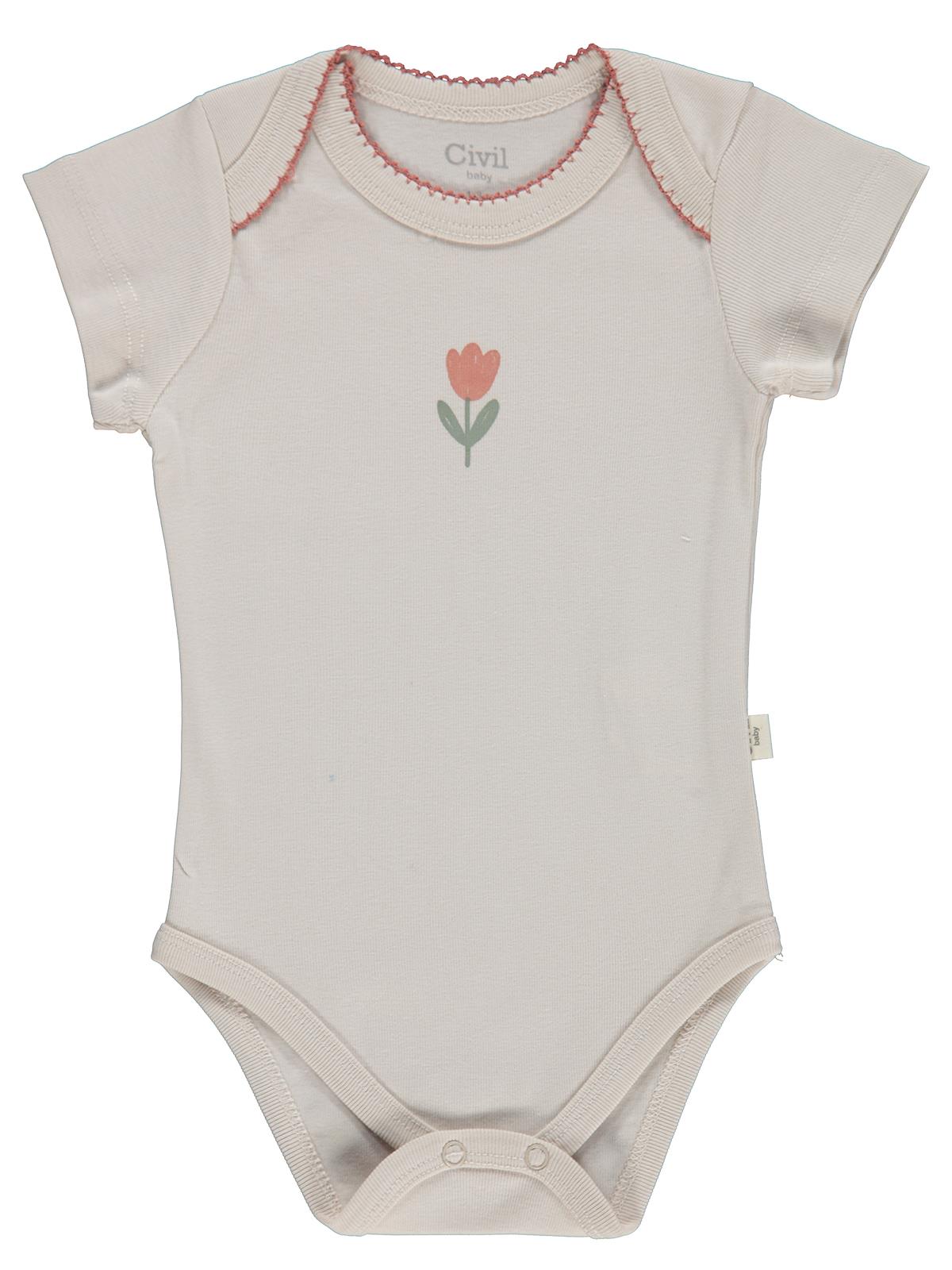 Civil Baby 5 li Çiçek Empirmeli Kısa Kol 0-36 Ay Çıtçıtlı Badi - Pembe