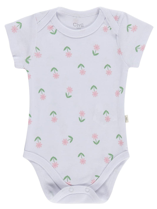 Civil Baby 5 li Çiçek Empirmeli Kısa Kol 0-36 Ay Çıtçıtlı Badi - Pembe
