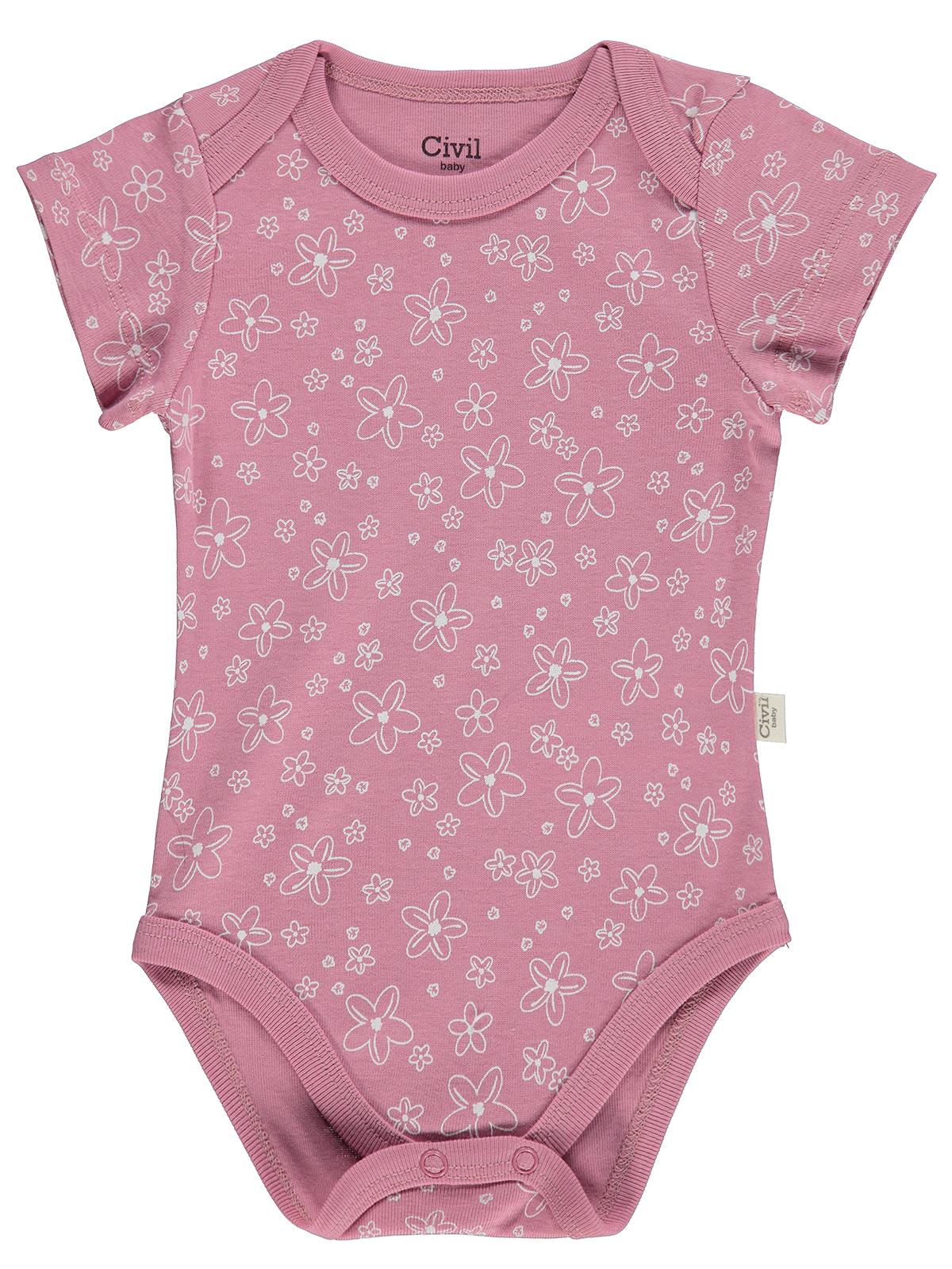 Civil Baby 5 li Çiçek Empirmeli Kısa Kol 0-36 Ay Çıtçıtlı Badi - Pembe