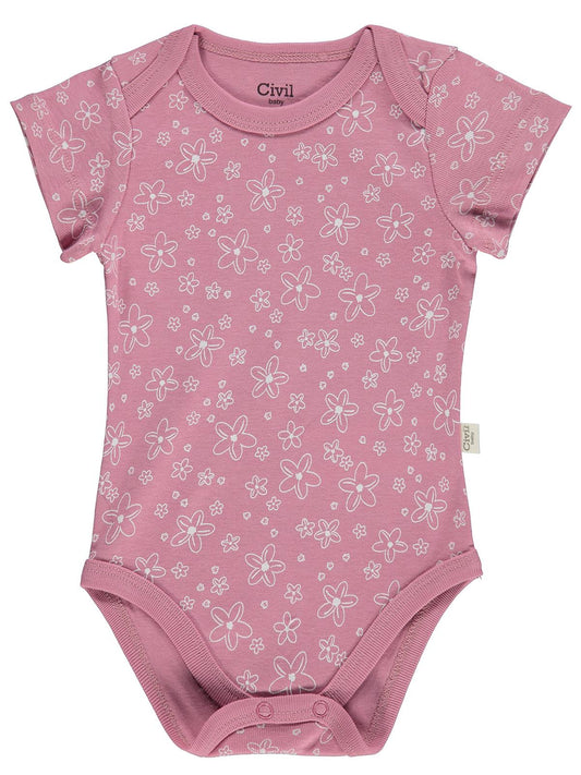 Civil Baby 5 li Çiçek Empirmeli Kısa Kol 0-36 Ay Çıtçıtlı Badi - Pembe