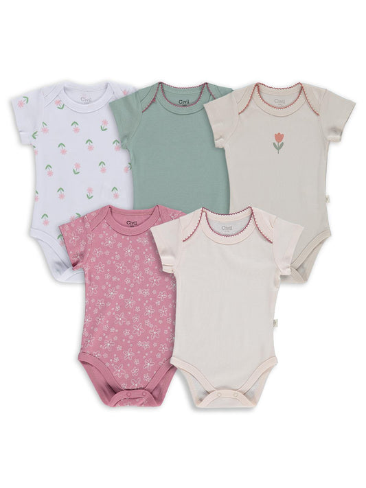 Civil Baby 5 li Çiçek Empirmeli Kısa Kol 0-36 Ay Çıtçıtlı Badi - Pembe