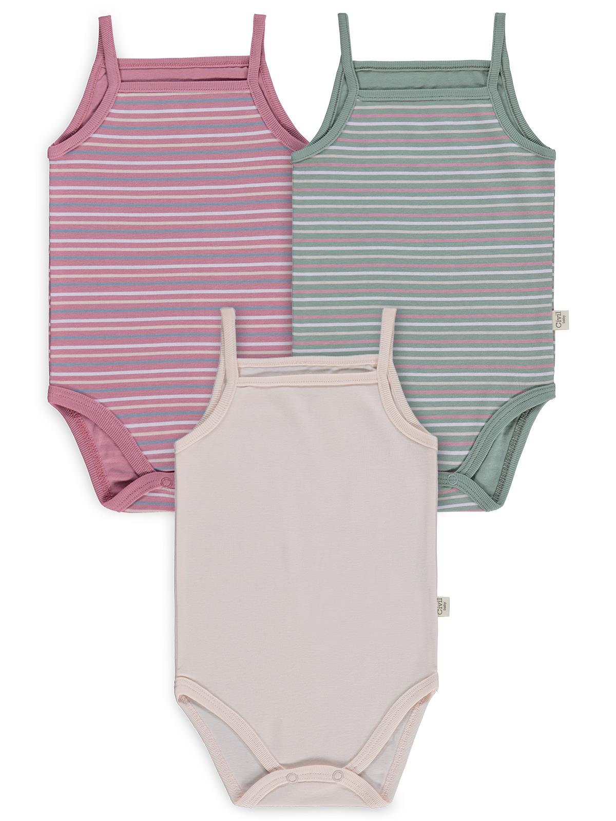 Civil Baby 3 lü Çizgili İp Askılı 0-36 Ay Çıtçıtlı Badi - Pembe