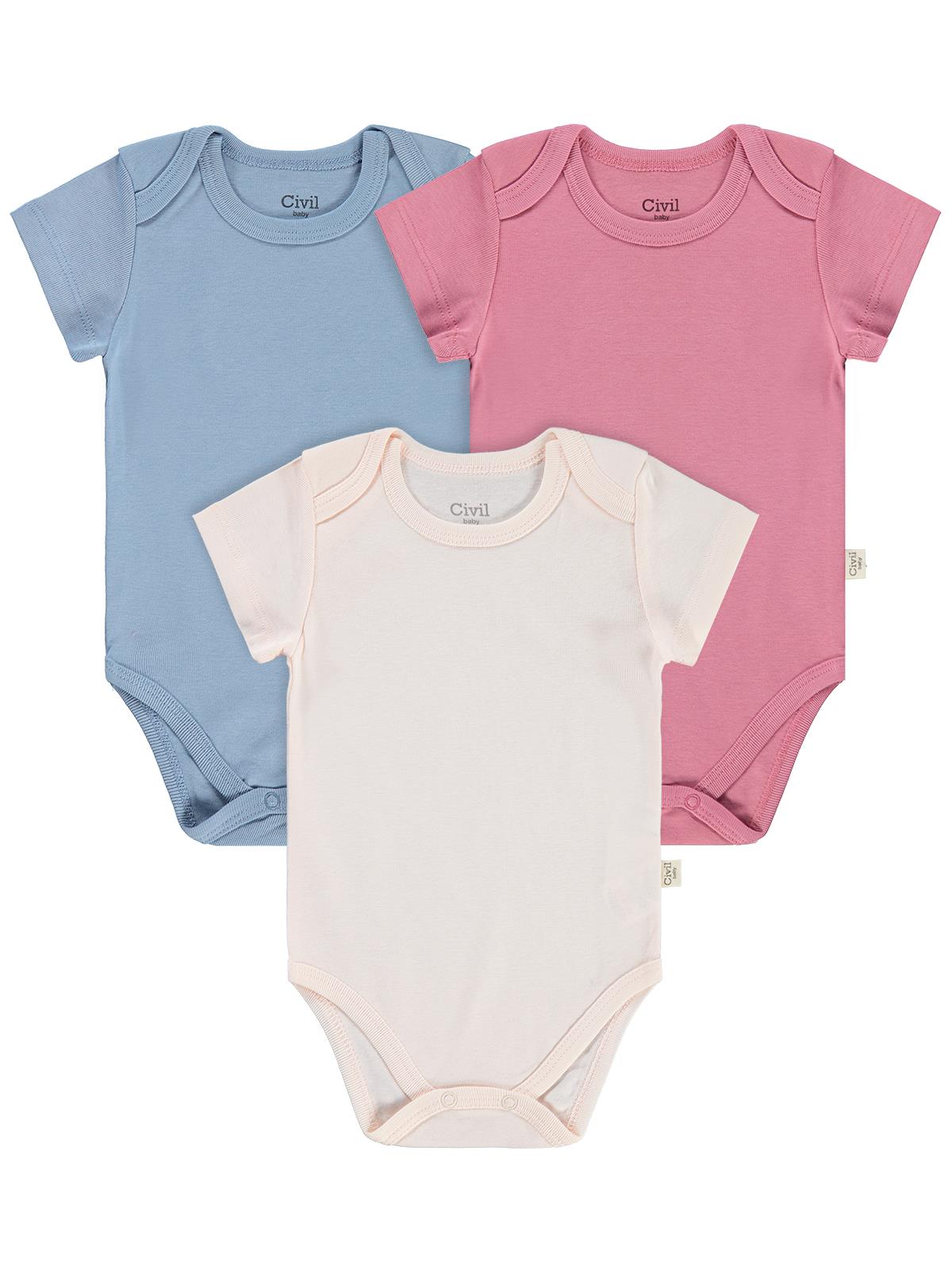 Civil Baby 3 lü Basıc Kısa Kol 0-36 Ay Çıtçıtlı Badi - Pudra