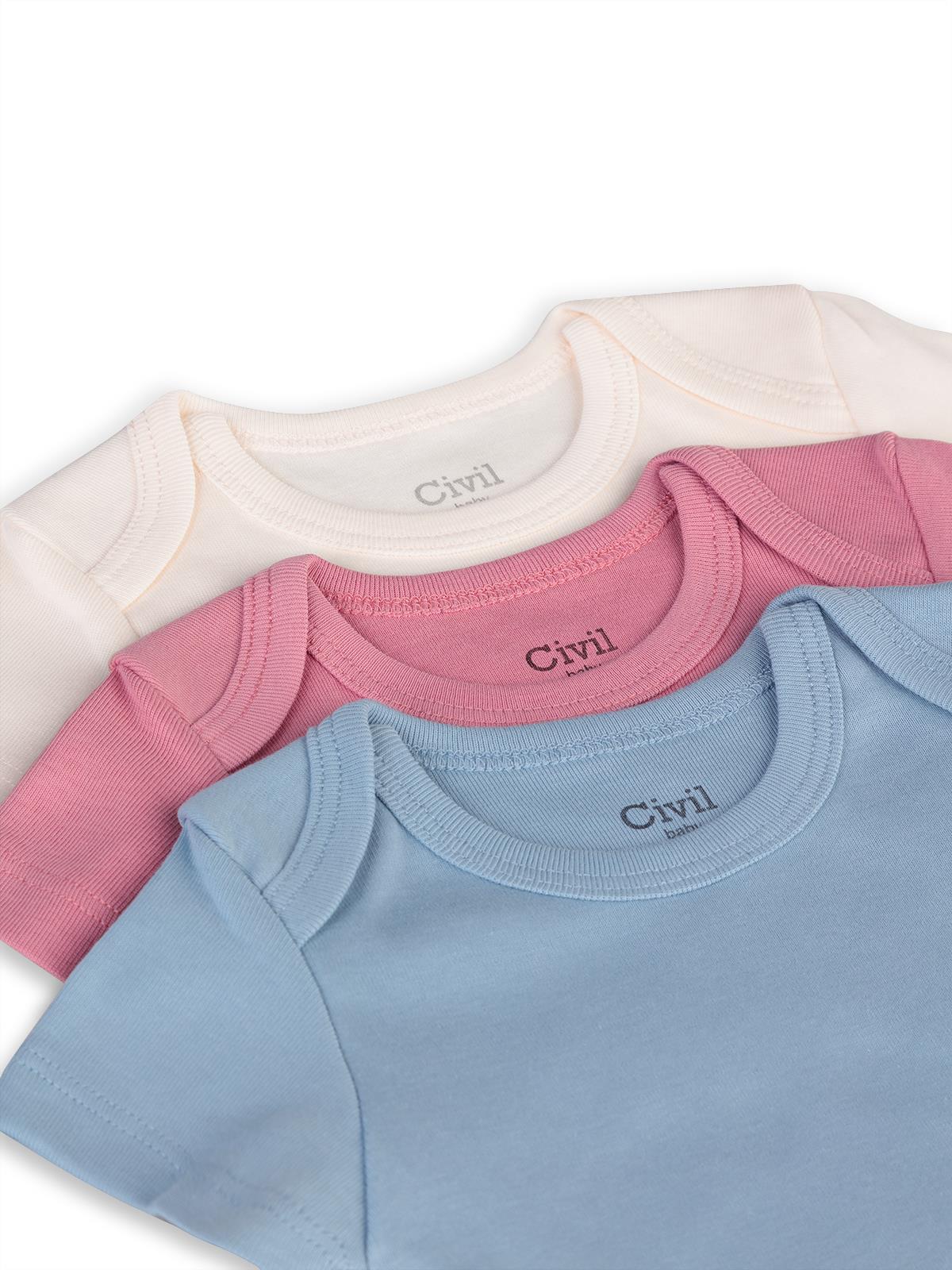 Civil Baby 3 lü Basıc Kısa Kol 0-36 Ay Çıtçıtlı Badi - Pudra