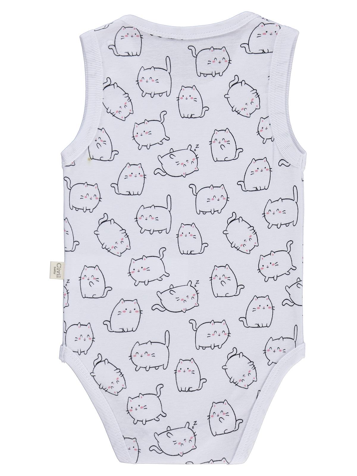 Civil Baby 3 lü Kedi Empirmeli Sıfır Kol 0-36 Ay Çıtçıtlı Badi - Beyaz
