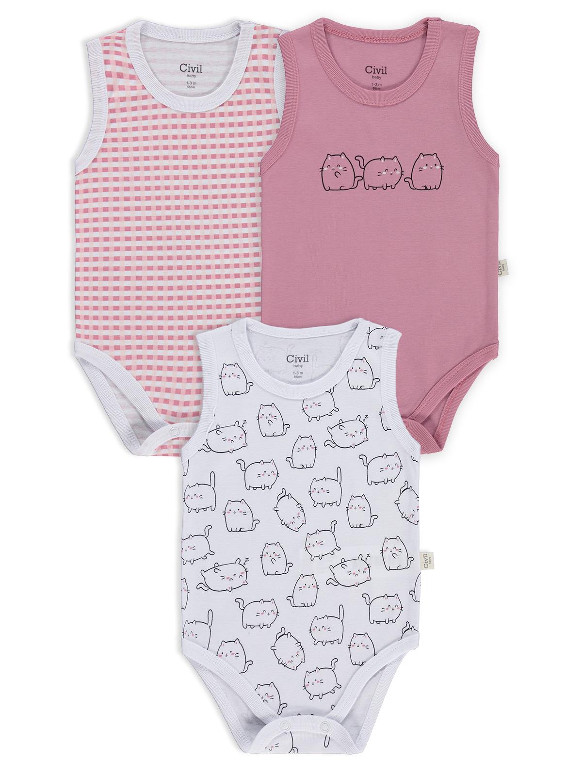 Civil Baby 3 lü Kedi Empirmeli Sıfır Kol 0-36 Ay Çıtçıtlı Badi - Beyaz