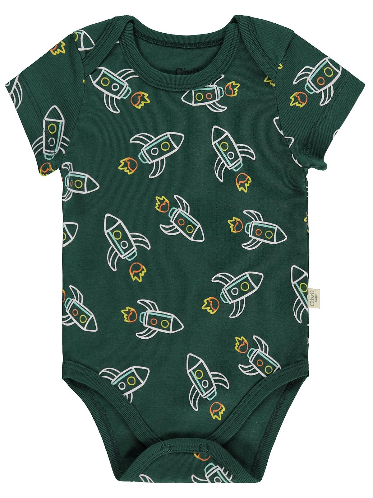 Civil Baby 3 lü Roket Empirmeli Kısa Kol 0-36 Ay Çıtçıtlı Badi - Yeşil