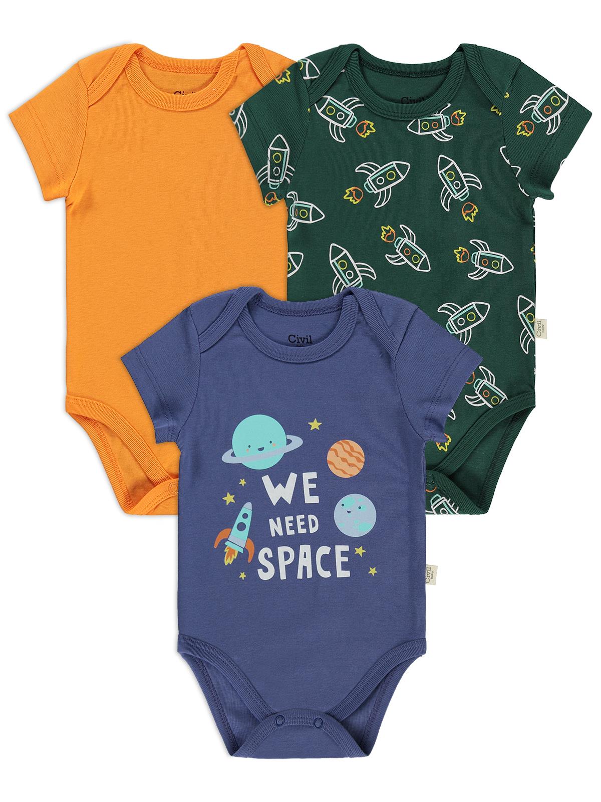 Civil Baby 3 lü Roket Empirmeli Kısa Kol 0-36 Ay Çıtçıtlı Badi - Yeşil