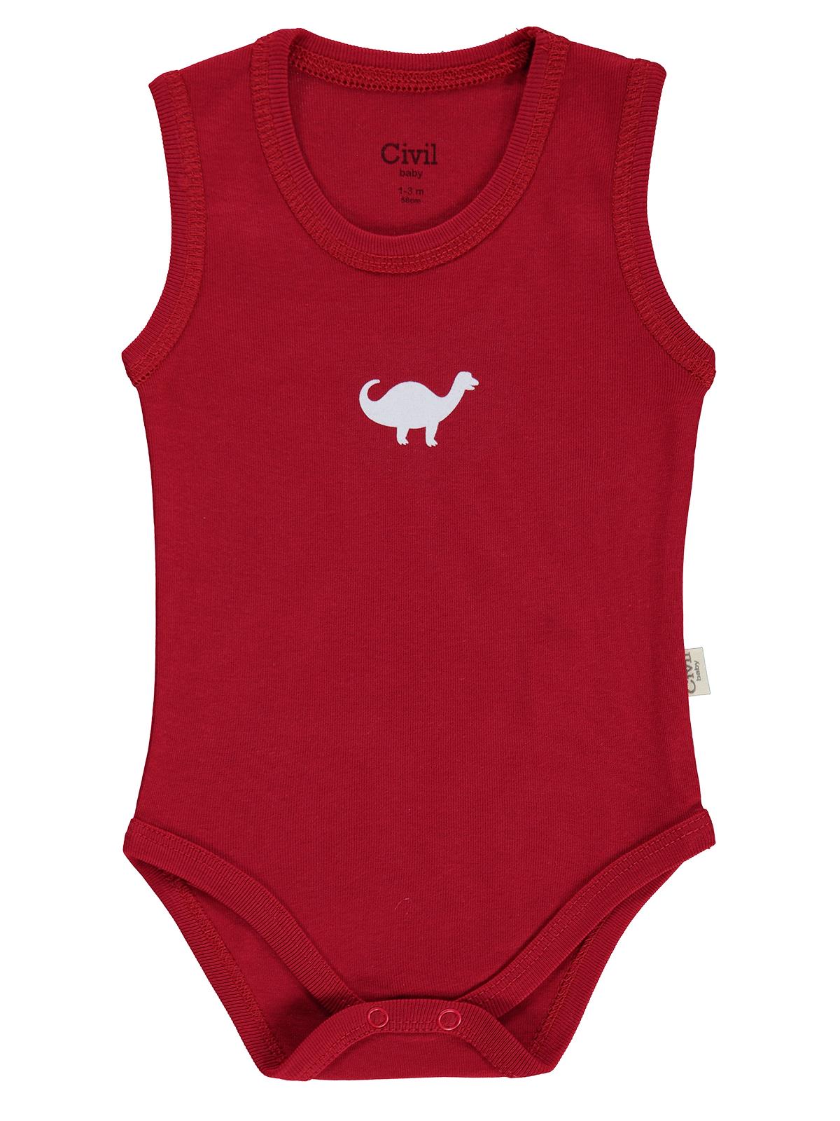 Civil Baby 3 lü Dinazor Baskılı Sıfır Kol 0-36 Ay Çıtçıtlı Badi - Kırmızı