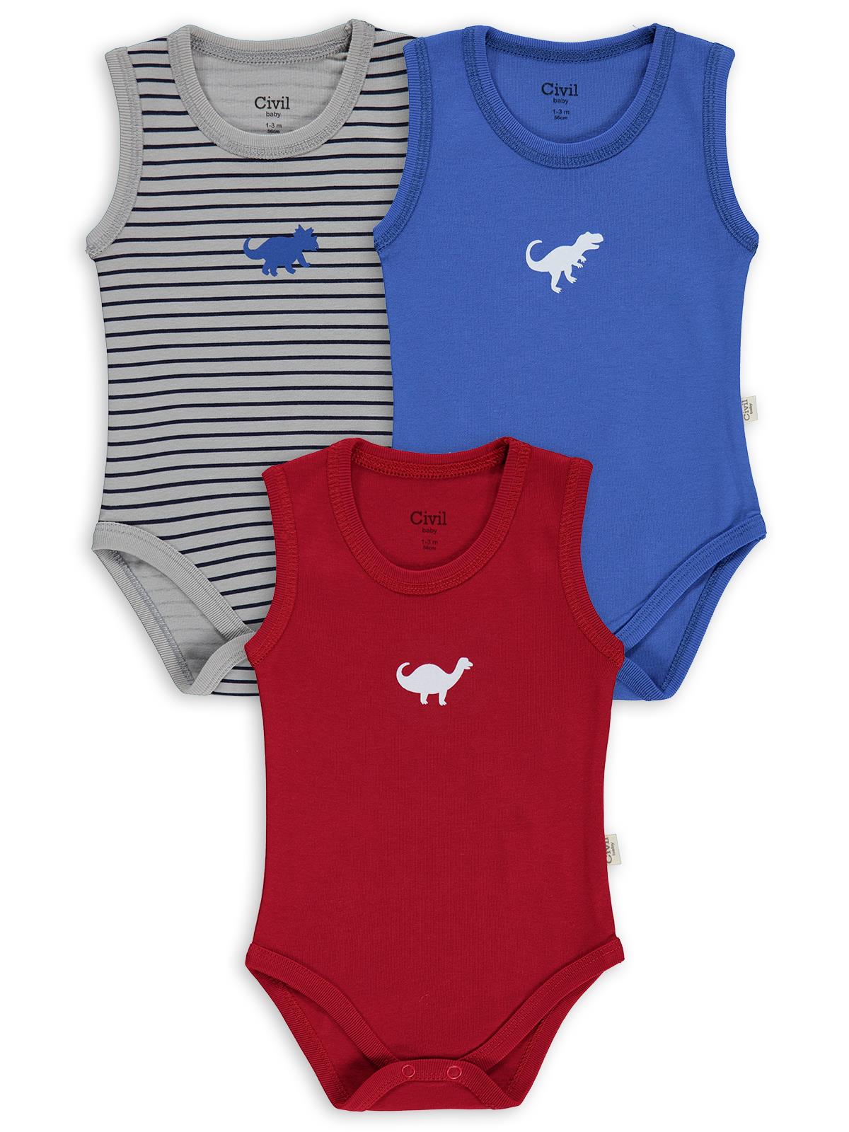 Civil Baby 3 lü Dinazor Baskılı Sıfır Kol 0-36 Ay Çıtçıtlı Badi - Kırmızı