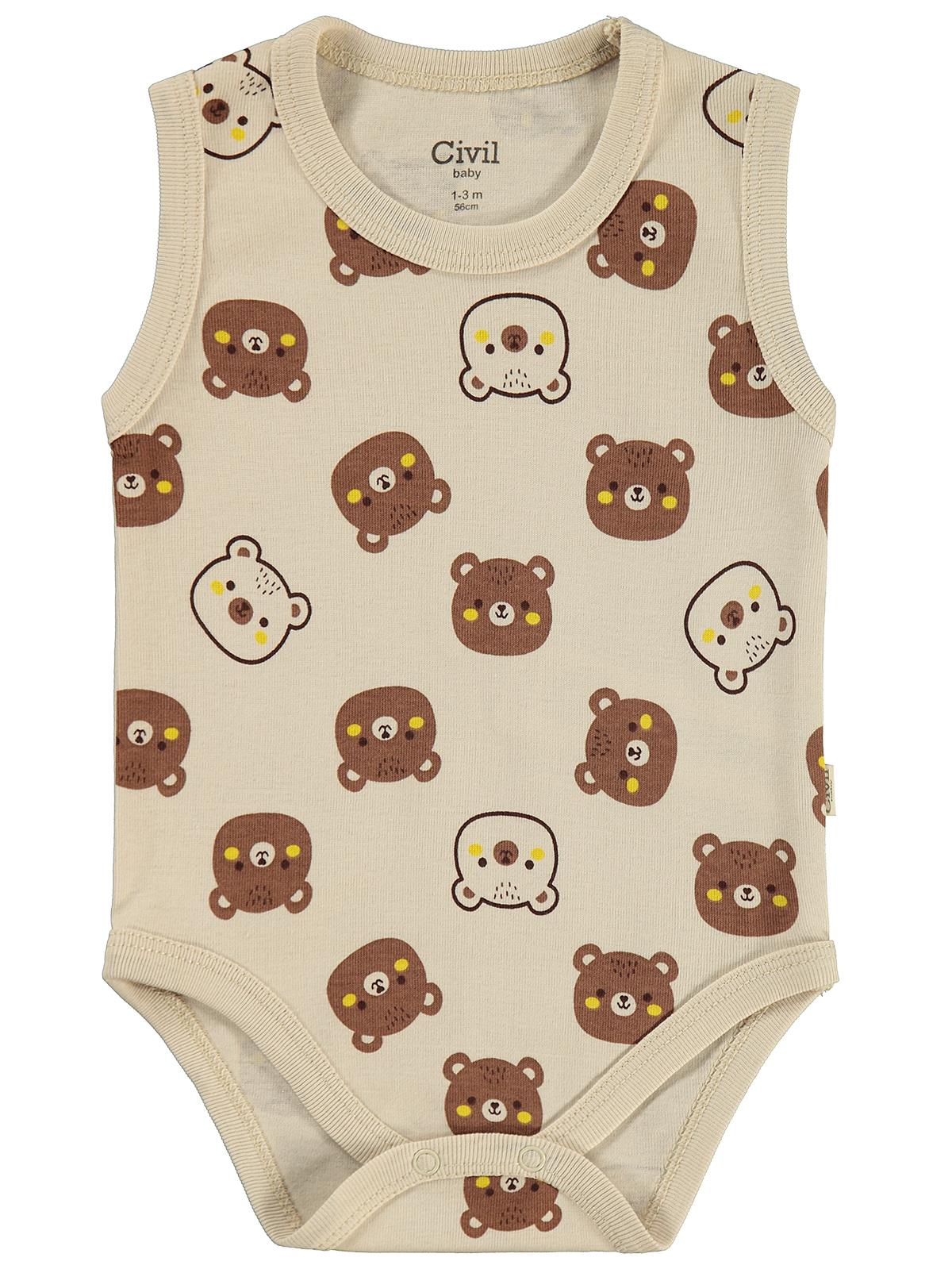Civil Baby 3 lü Ayıcık Empirmeli Sıfır Kol 0-36 Ay Çıtçıtlı Badi - Bej