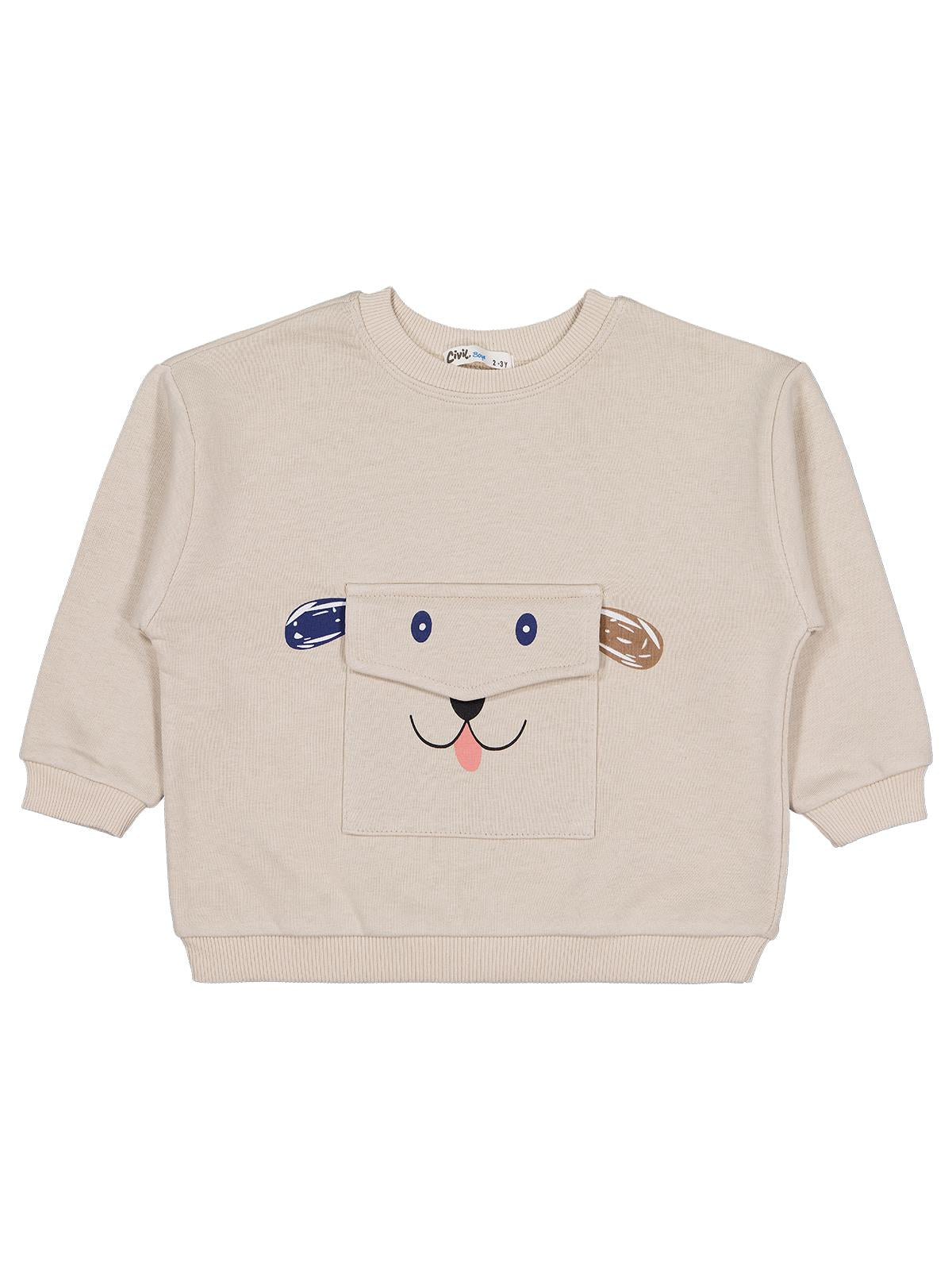 Civil Erkek Çocuk Cep Köpek Nakışlı Sweatshirt | 3 İp Uzun Kol | Okul Kreş ve Günlük Kullanım - Bej
