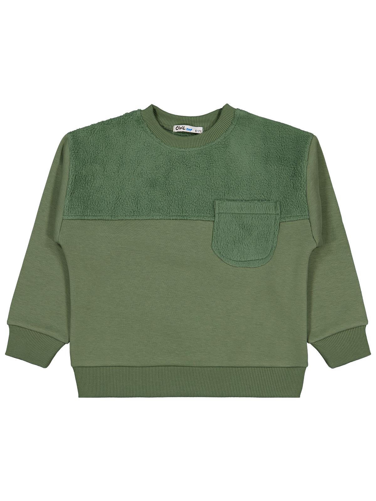 Civil Erkek Çocuk Peluş Garnili Sweatshirt | 3 İp Uzun Kol | Okul Kreş ve Günlük Kullanım - Haki