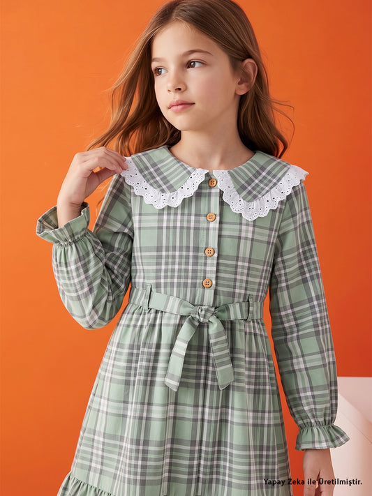Civil Girls Ekose Desenli 6-9 Yaş Elbise - Yeşil