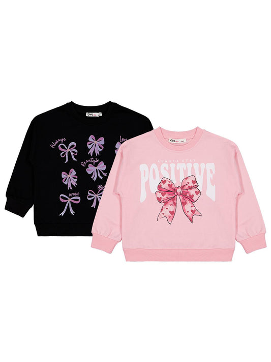 Civil Kız Çocuk Fiyonk Baskılı 2'li Set Sweatshirt | 2 İp Uzun Kol | Okul Kreş ve Günlük Kullanım