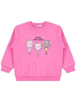Civil Girls Kız Çocuk Kediler Baskılı Sweatshirt | İnterlok Uzun Kol | Okul Kreş ve Günlük Kullanım - Pembe