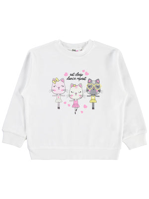 Civil Girls Kız Çocuk Kediler Baskılı Sweatshirt | İnterlok Uzun Kol | Okul Kreş ve Günlük Kullanım - Ekru