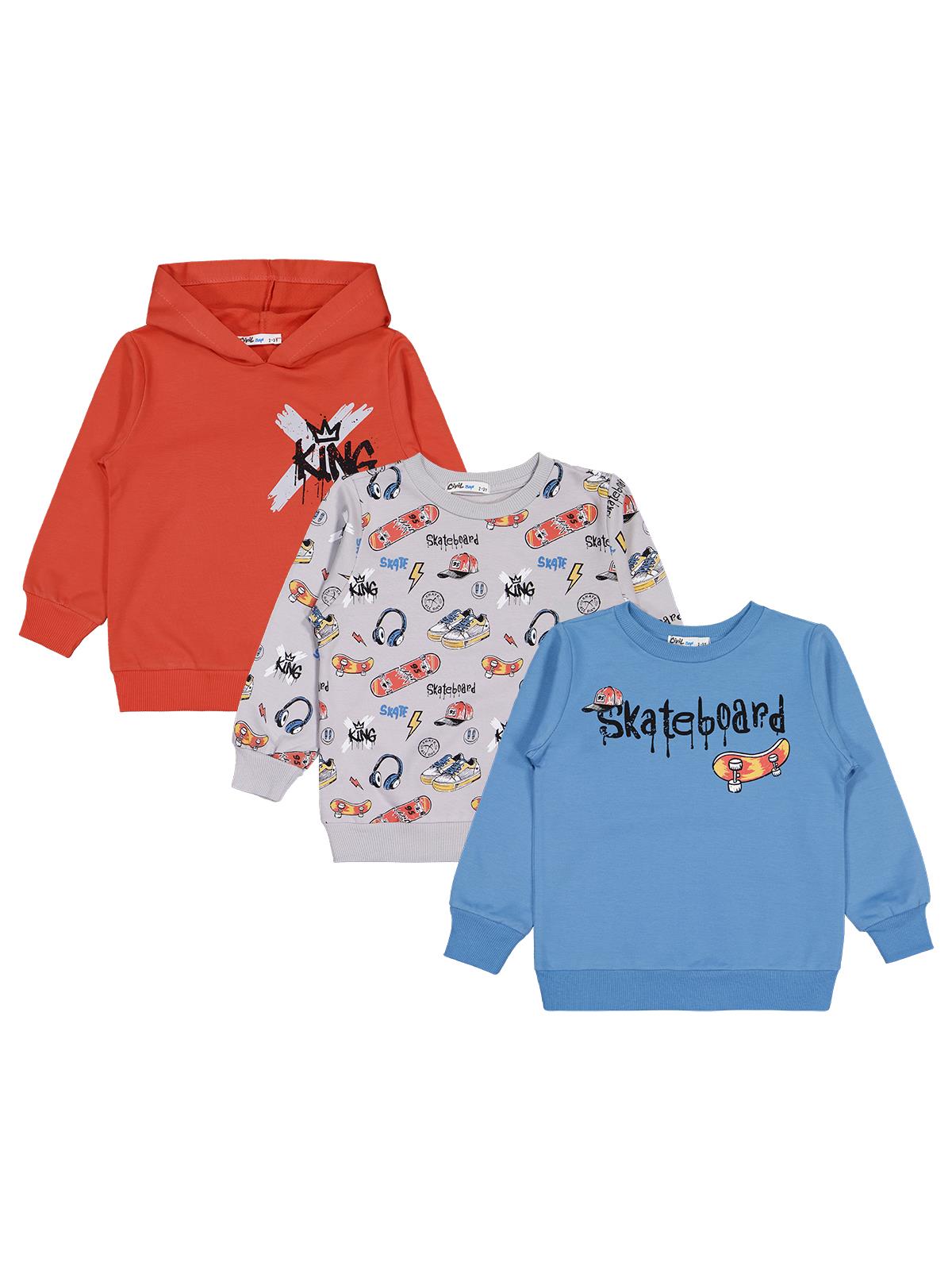 Civil Erkek Çocuk Skaterboard Baskılı 3'lü Set Sweatshirt | 2 İp | Okul Kreş ve Günlük Kullanım