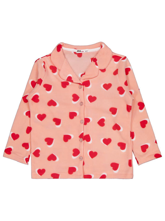Civil Girls  Kız Çocuk Kalp Desenli Pijama Takımı | Polar-Polar Uzun Kol | Okul Kreş ve Günlük Kullanım - Pudra