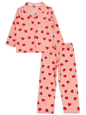 Civil Girls  Kız Çocuk Kalp Desenli Pijama Takımı | Polar-Polar Uzun Kol | Okul Kreş ve Günlük Kullanım - Pudra