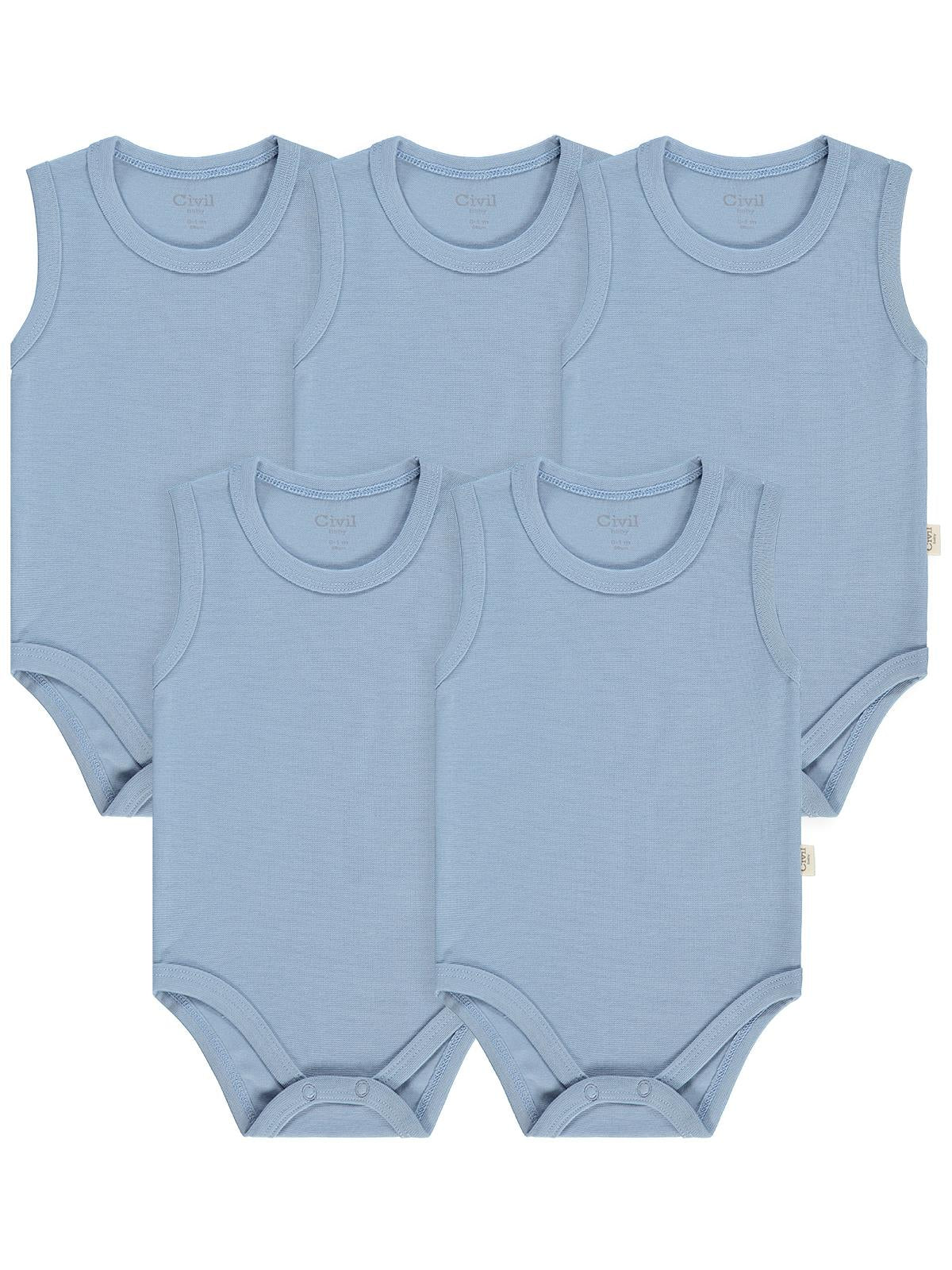 Civil Baby 5 li Organik Sıfır Kol 3-9 Ay Çıtçıtlı Badi - Mavi