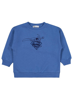 Superman Logo Baskılı Sweatshirt | 3 İp Uzun Kol Bisiklet Yaka | Okul Kreş ve Günlük Kullanım - Mavi