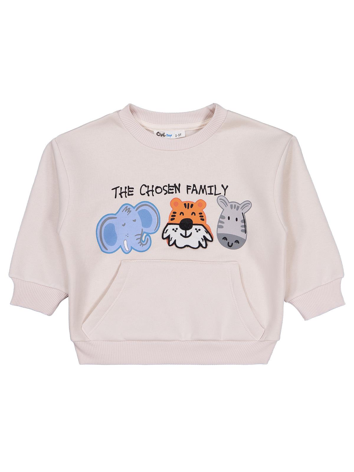 Civil Erkek Çocuk Üç Kafadar Baskılı-Nakışlı Sweatshirt | 3 İp | Okul Kreş ve Günlük Kullanım - Bej