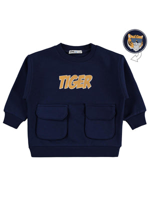 Civil Erkek Çocuk Tiger Baskı-Nakışlı Sweatshirt | 3 İp Uzun Kol | Okul Kreş ve Günlük Kullanım - Lacivert